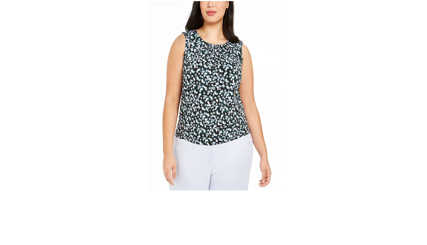 Calvin Klein Plus Size Floral-Print Pleat-Neck Top,