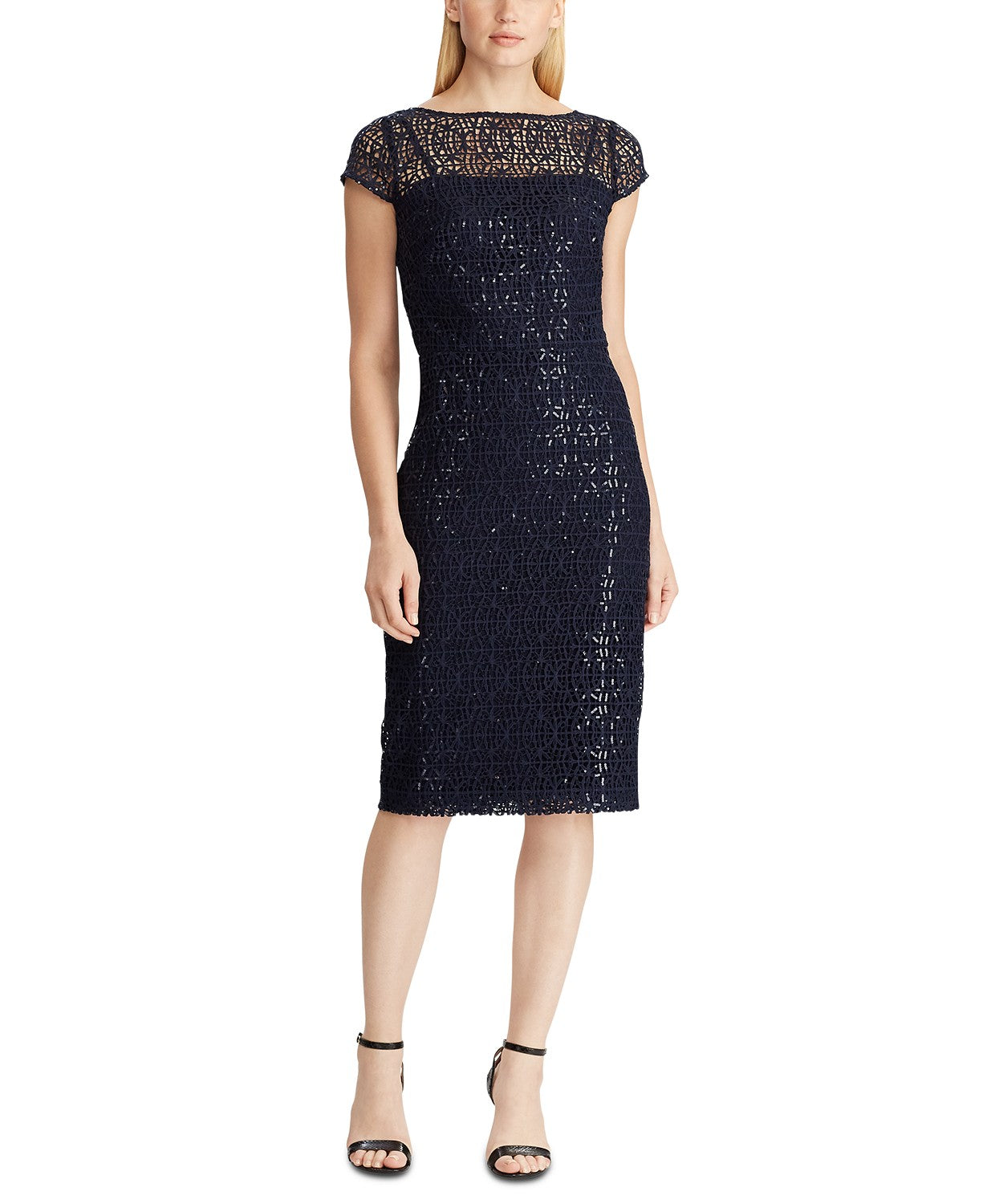Lauren Ralph Lauren Sequined Lace Cap-Sleeve Dress, Color Navy