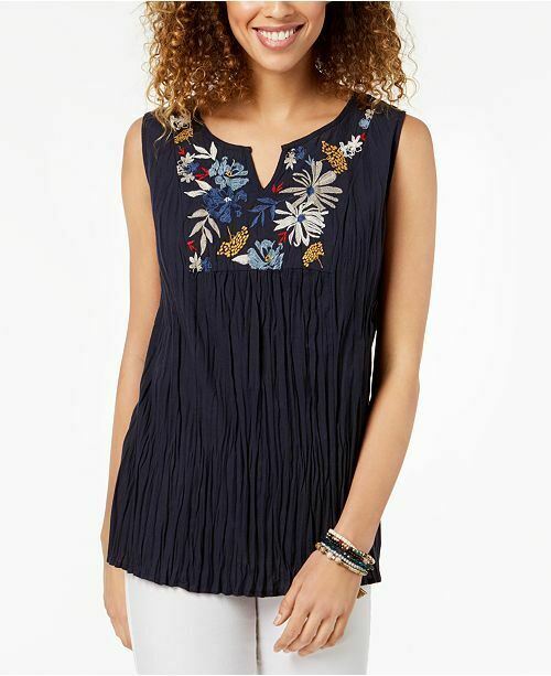 Style & Co Women's Embroidered Front Yoke Sleeveless Tops,