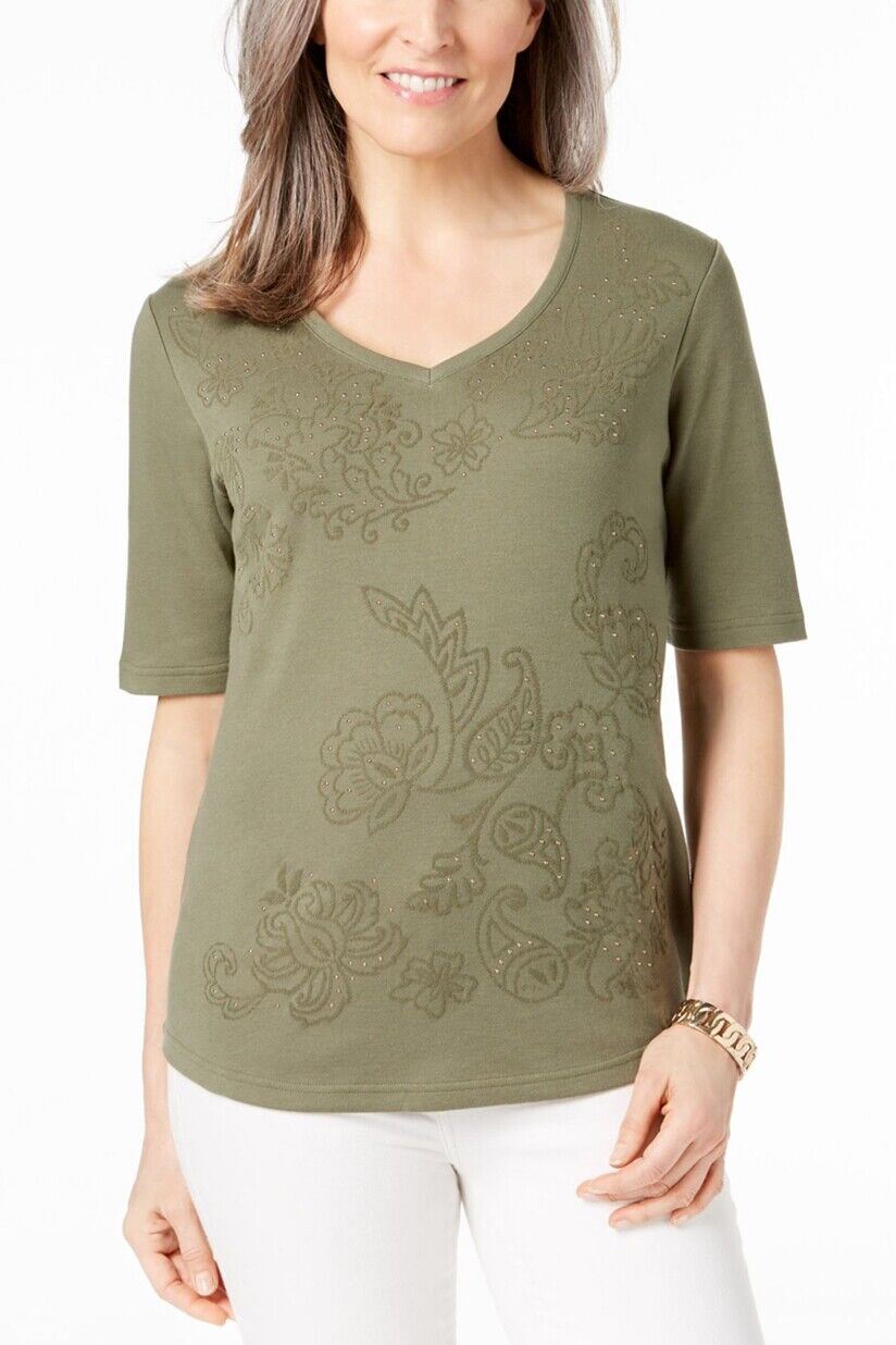 Karen Scott Studded Embroidered T-Shirt,