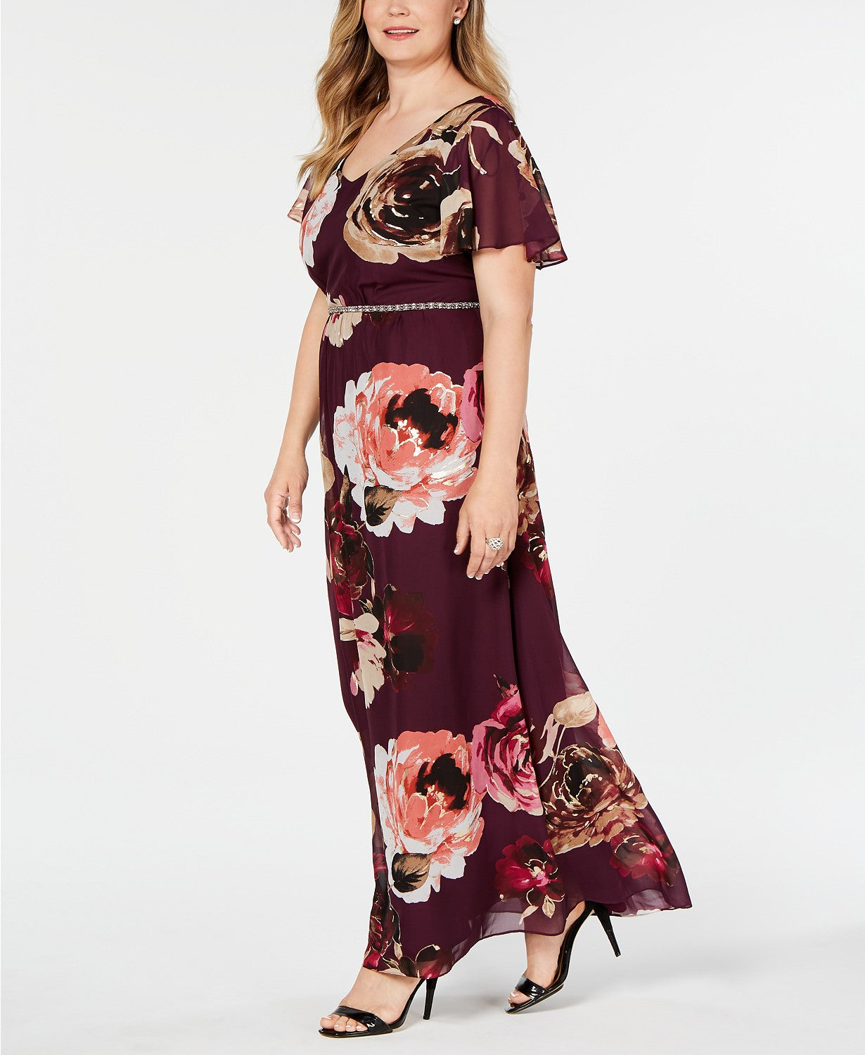 SLNY Fashions Plus Size Embellished Floral-Print Gown, Size 22W