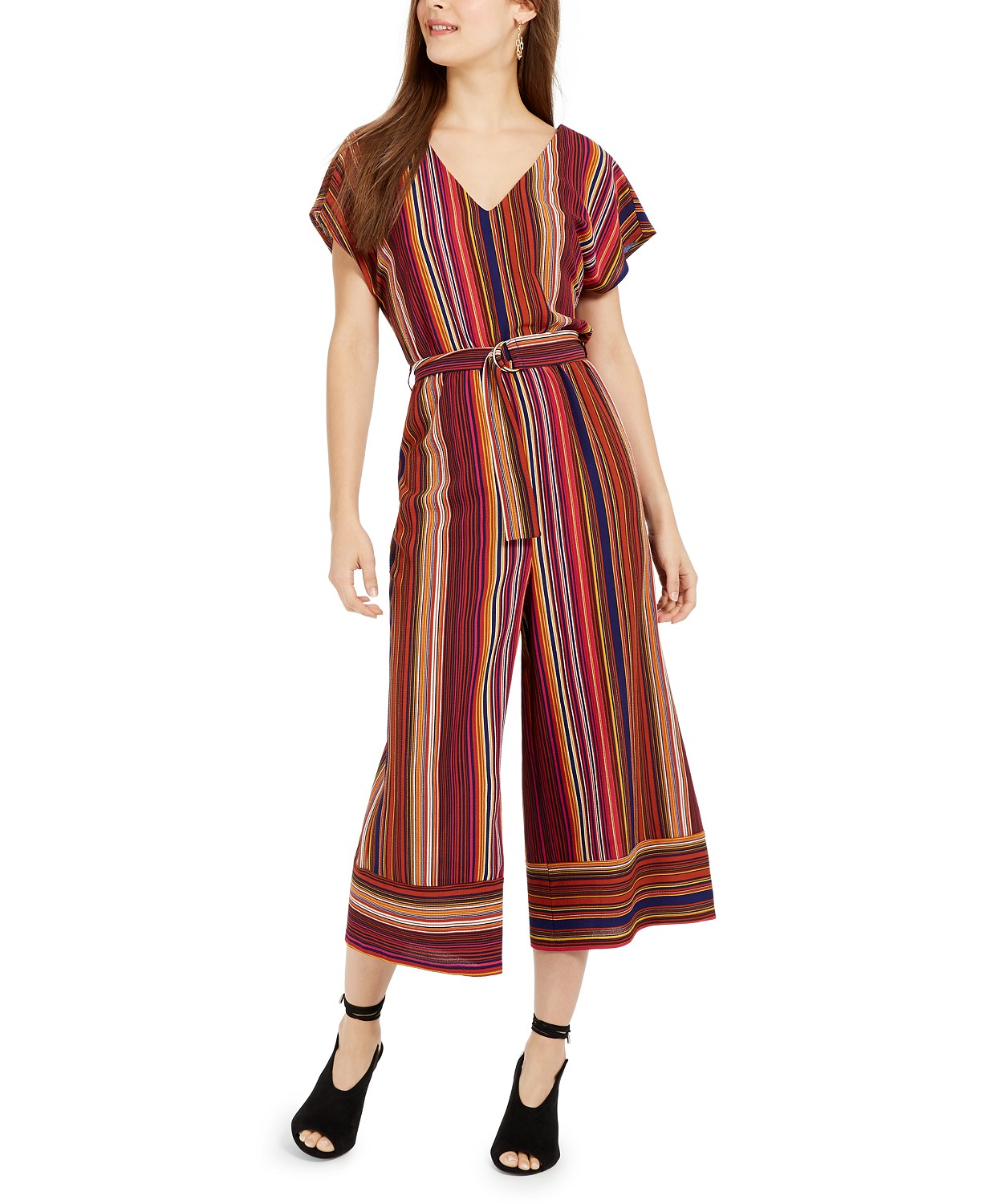 Be Bop Juniors' V-Neck Striped Jumpsuit, (Without belt around waist)