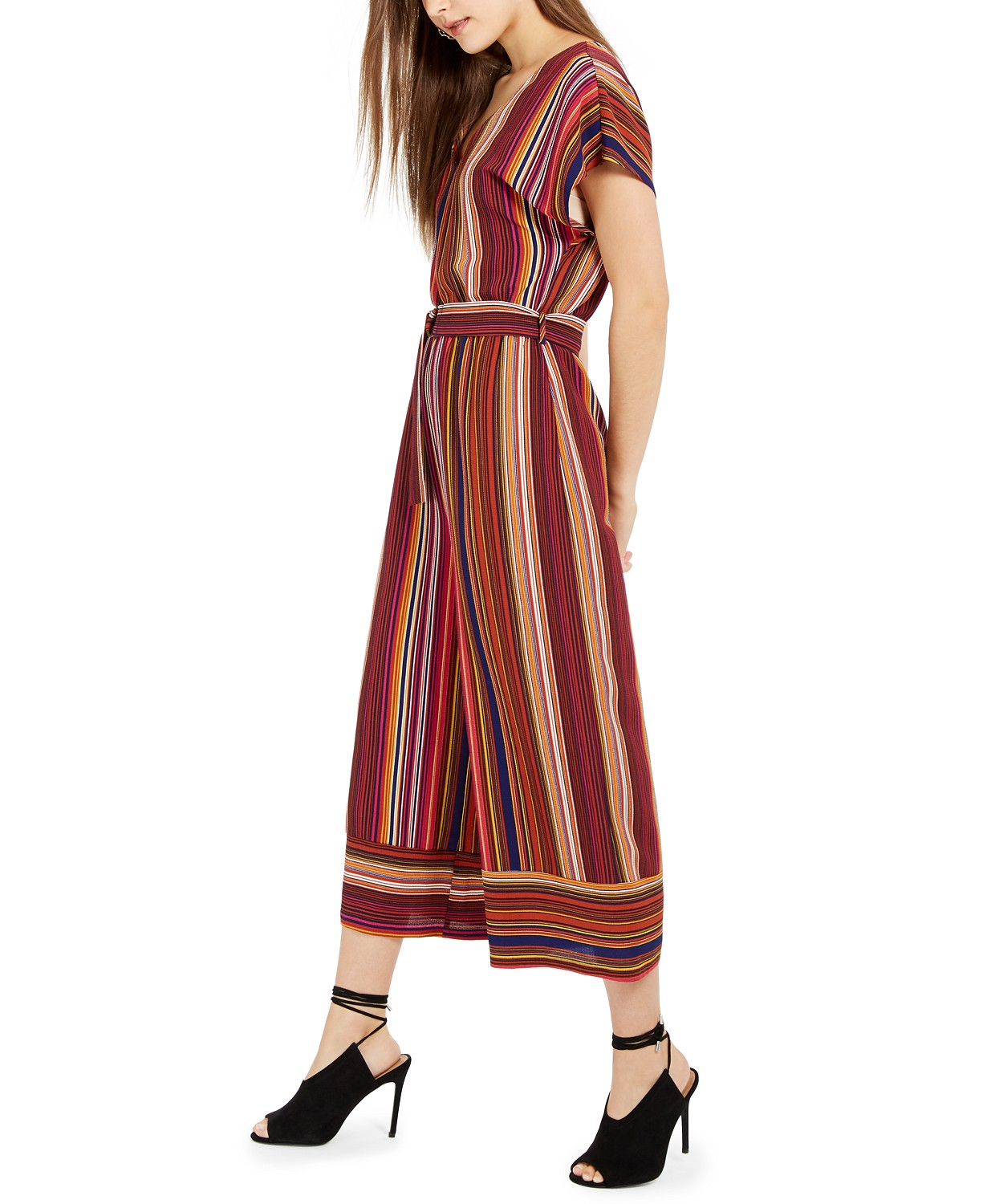 Be Bop Juniors' V-Neck Striped Jumpsuit, (Without belt around waist)