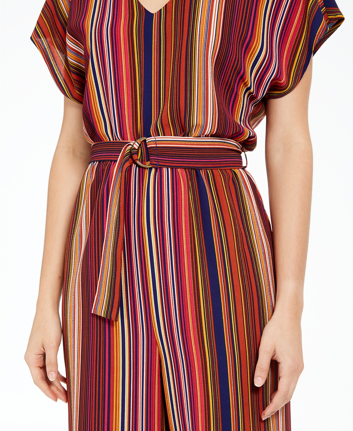 Be Bop Juniors' V-Neck Striped Jumpsuit, (Without belt around waist)
