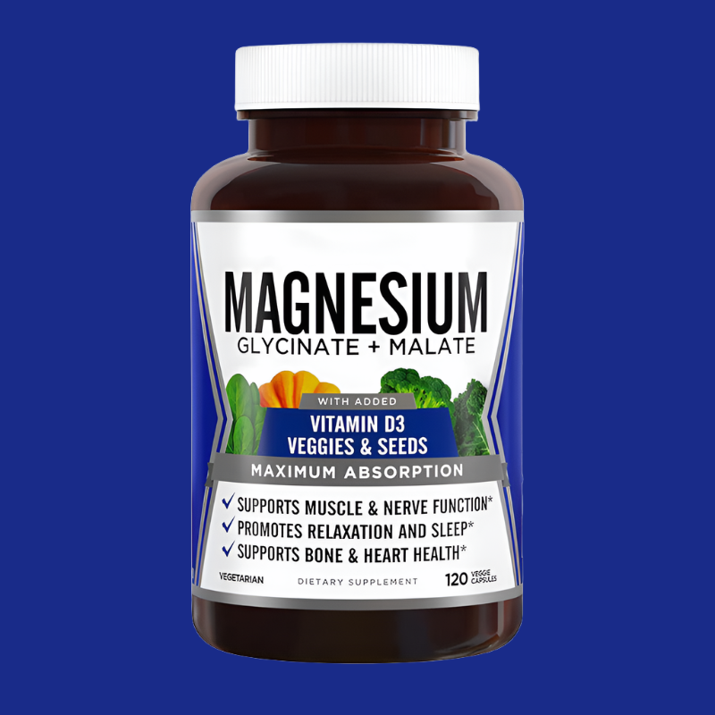 Magnesium Glycinate & Malate Complex w/Vitamin D3, 100% Chelated for Max Absorption, Vegetarian – Bone Health, Nerves, Muscles, 120 Capsules, 60 Days