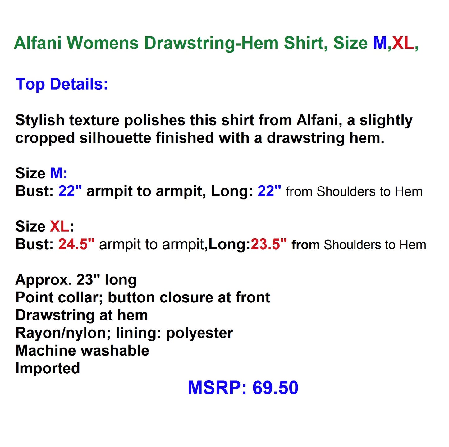 Alfani Womens Drawstring-Hem Shirt,