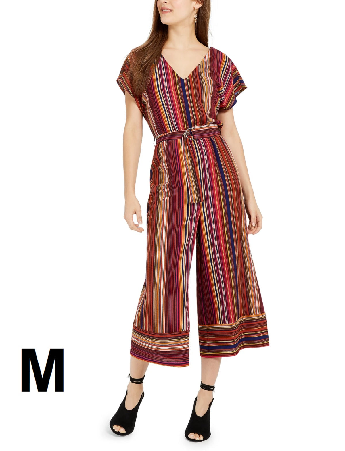 Be Bop Juniors' V-Neck Striped Jumpsuit, (Without belt around waist)