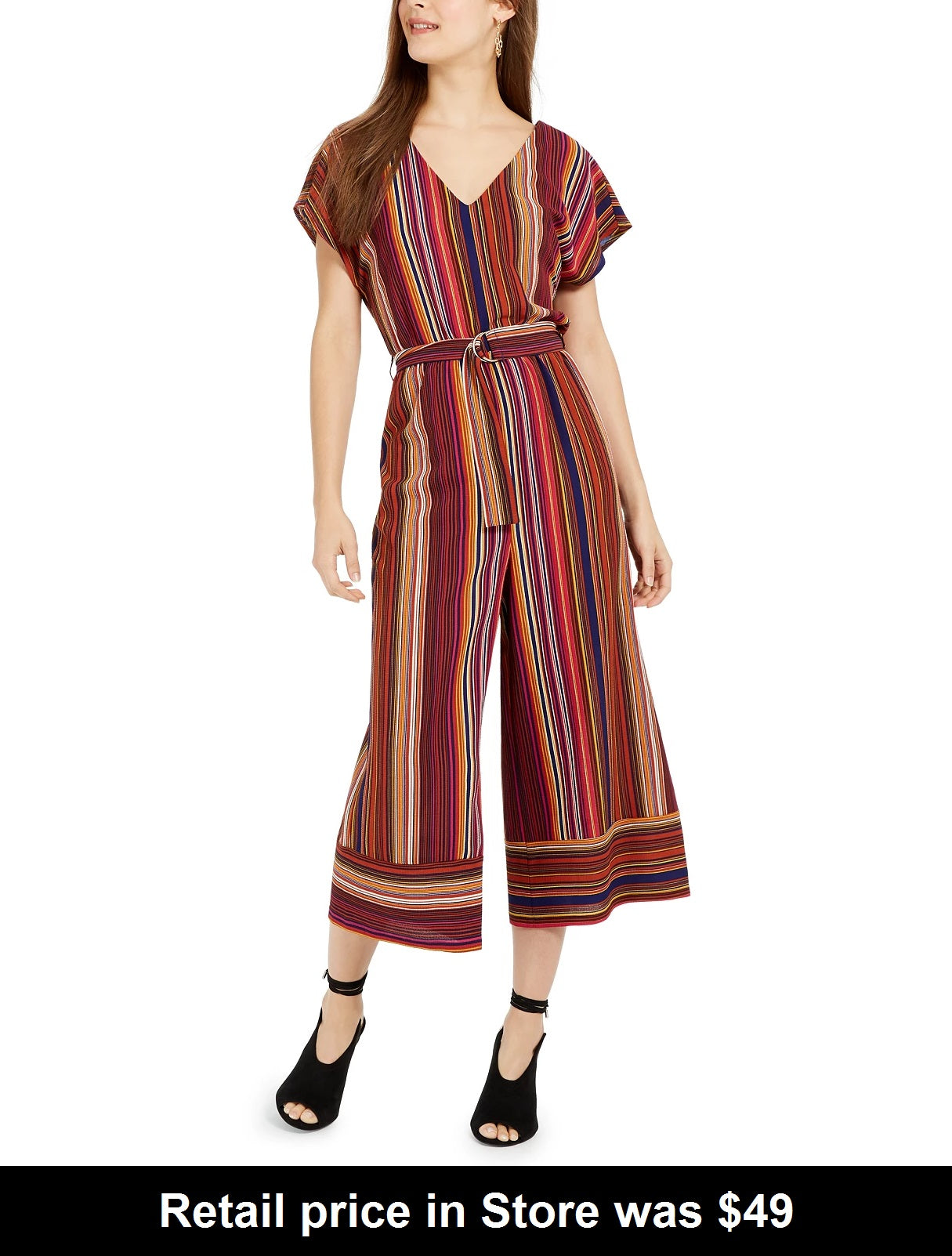 Be Bop Juniors' V-Neck Striped Jumpsuit, (Without belt around waist)