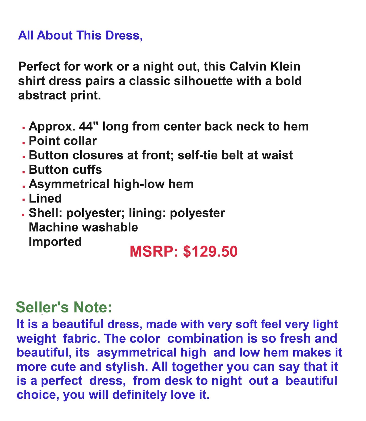 Calvin Klein Abstract Print Belted Shirt Dress, Size 8