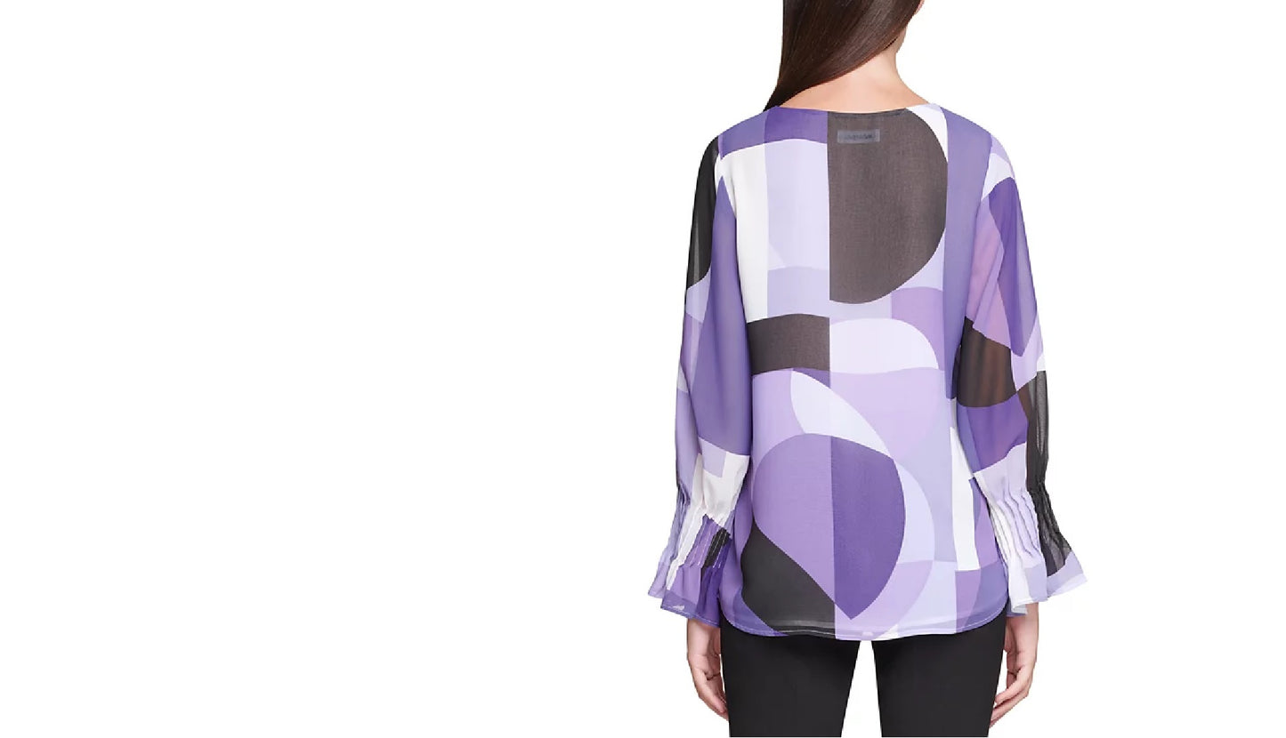 Calvin Klein Pleated-Sleeve Abstract-Print Top, Size S