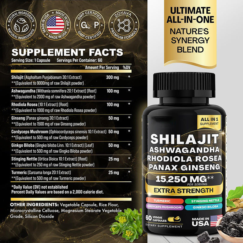 Shilajit Pure Himalayan 9000MG, Ashwagandha 2000MG, Rhodiola Rosea 1000MG, Panax Ginseng 1500MG, Turmeric 500MG, Ginkgo Biloba 500MG, Stinging Nettle 250MG, Cordyceps Mushroom 500MG (60 Caps)