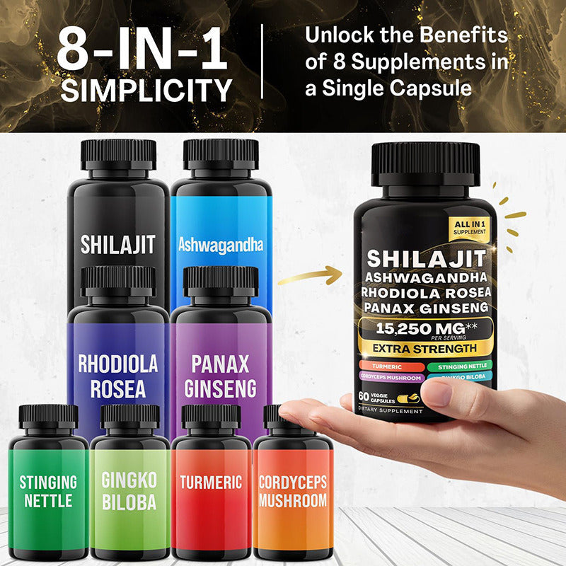 Shilajit Pure Himalayan 9000MG, Ashwagandha 2000MG, Rhodiola Rosea 1000MG, Panax Ginseng 1500MG, Turmeric 500MG, Ginkgo Biloba 500MG, Stinging Nettle 250MG, Cordyceps Mushroom 500MG (60 Caps)