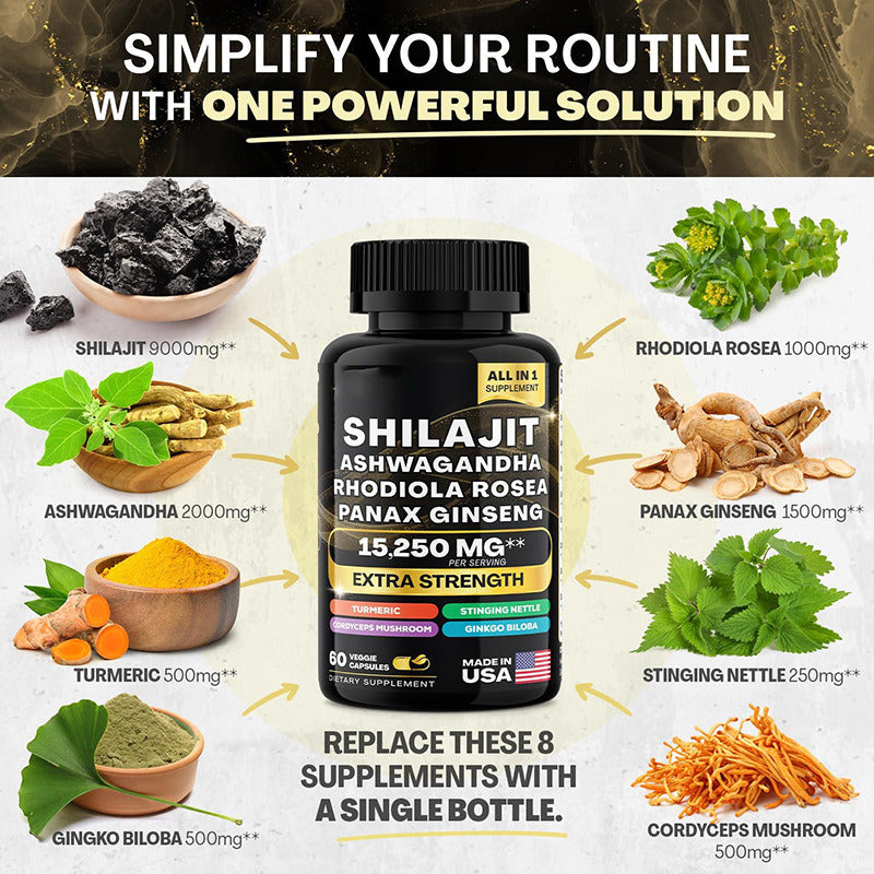 Shilajit Pure Himalayan 9000MG, Ashwagandha 2000MG, Rhodiola Rosea 1000MG, Panax Ginseng 1500MG, Turmeric 500MG, Ginkgo Biloba 500MG, Stinging Nettle 250MG, Cordyceps Mushroom 500MG (60 Caps)