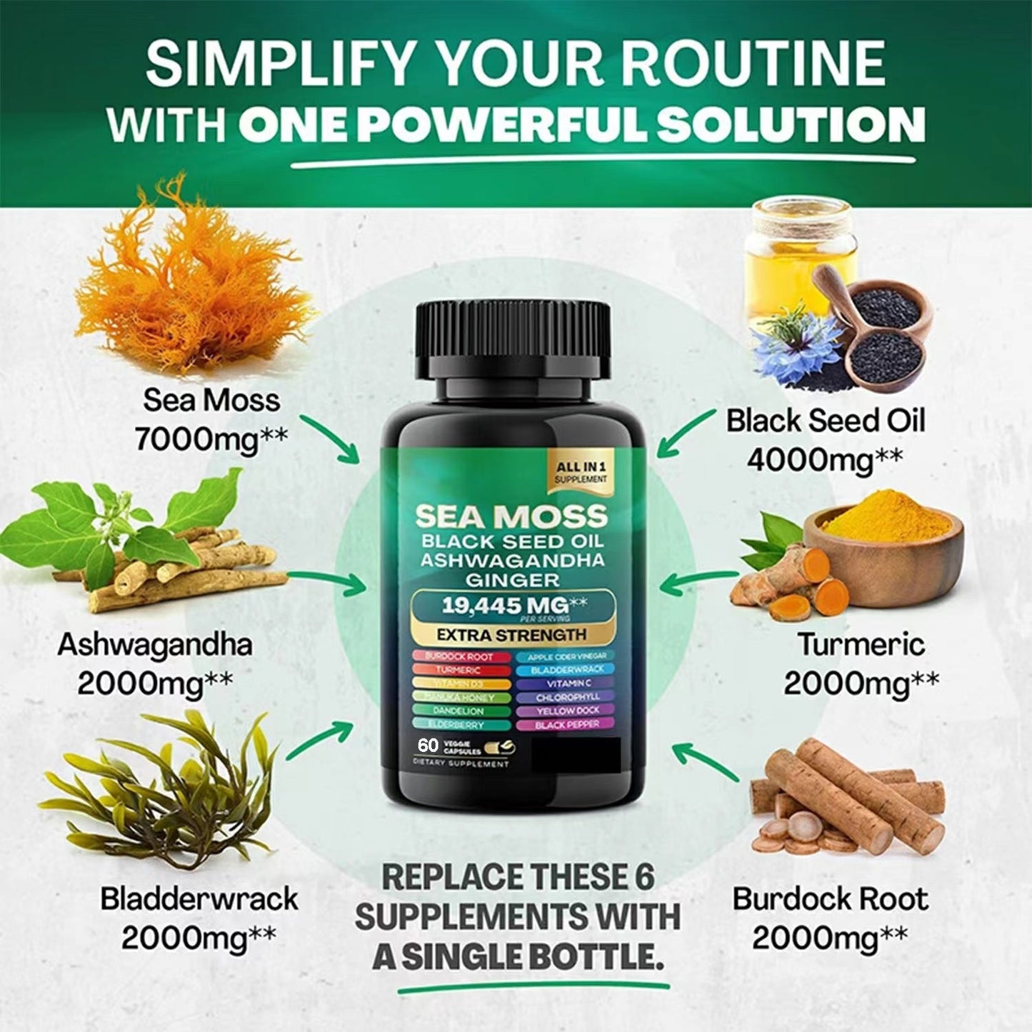 Sea Moss 7000mg Black Seed Oil 4000mg Ashwagandha 2000mg Turmeric 2000mg Bladderwrack 2000mg Burdock 2000mg & Ginger Vitamin C Vitamin D3 with Elderberry Manuka Dandelion Yellow Dock Chlorophyll ACV