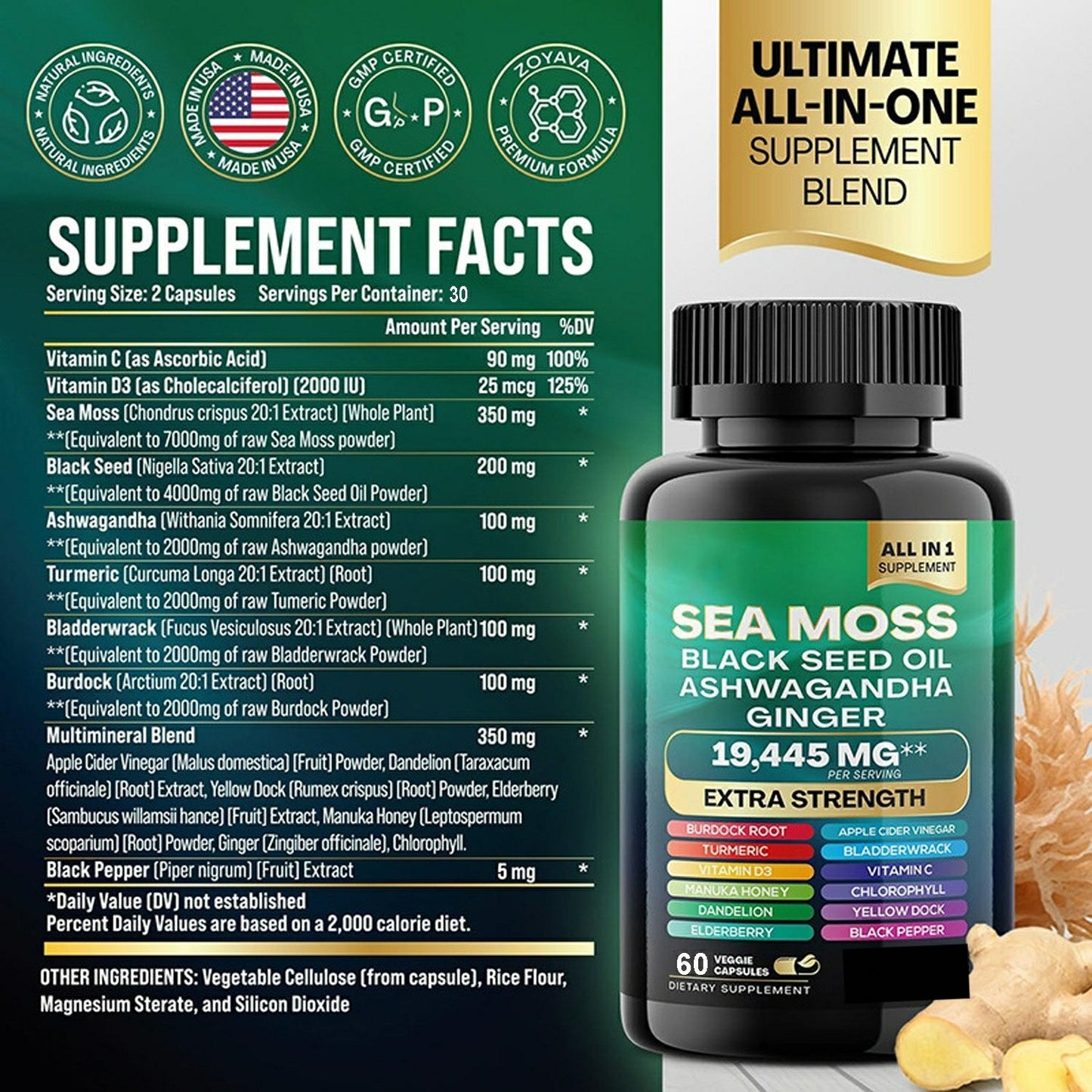 Sea Moss 7000mg Black Seed Oil 4000mg Ashwagandha 2000mg Turmeric 2000mg Bladderwrack 2000mg Burdock 2000mg & Ginger Vitamin C Vitamin D3 with Elderberry Manuka Dandelion Yellow Dock Chlorophyll ACV