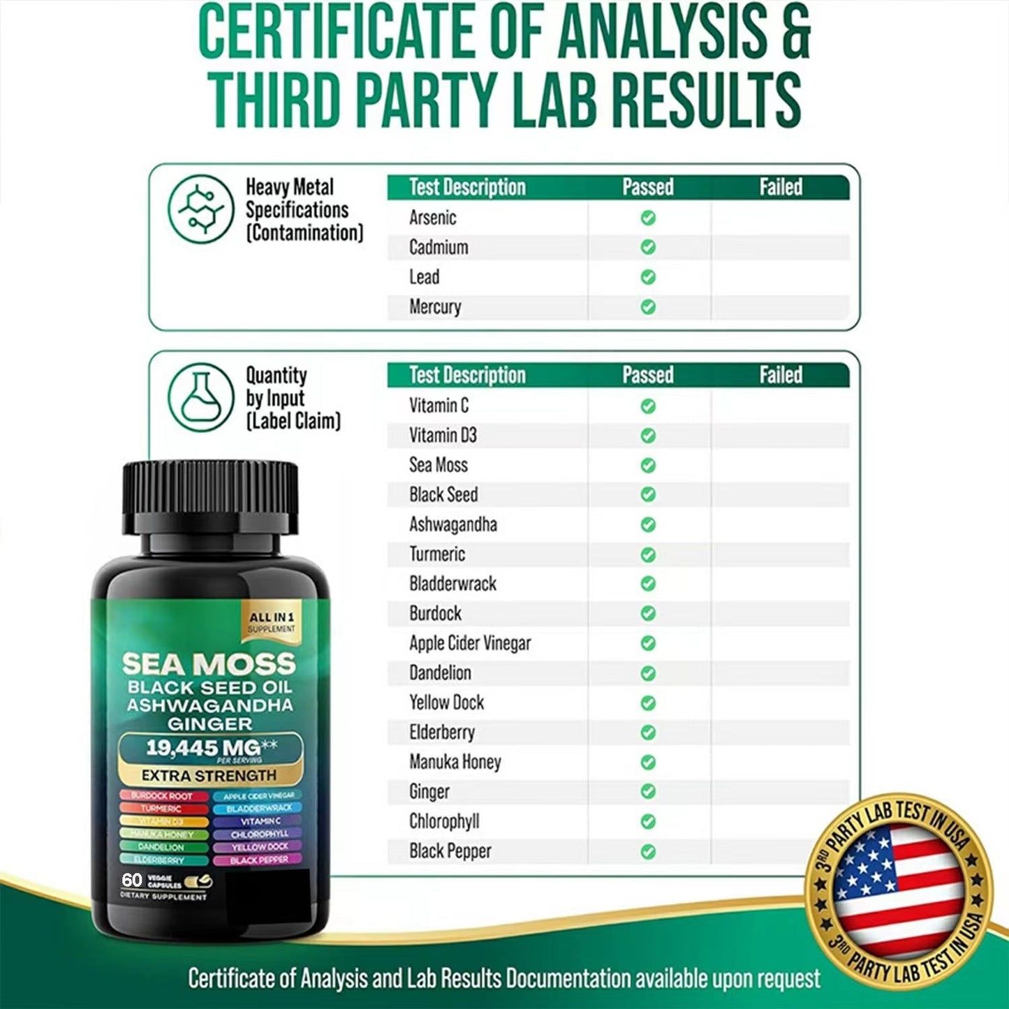 Sea Moss 7000mg Black Seed Oil 4000mg Ashwagandha 2000mg Turmeric 2000mg Bladderwrack 2000mg Burdock 2000mg & Ginger Vitamin C Vitamin D3 with Elderberry Manuka Dandelion Yellow Dock Chlorophyll ACV