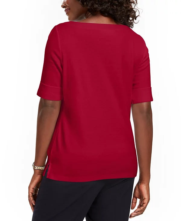 Karen Scott Boat-Neck Elbow-Sleeve Top,