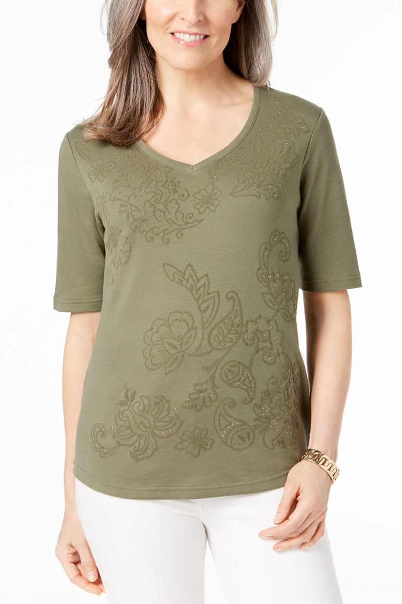 Karen Scott Studded Embroidered T-Shirt, Size L