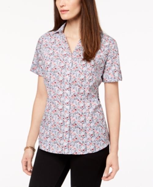 Karen Scott Womens White Blue Red Floral V-neck Button Down Blouse,