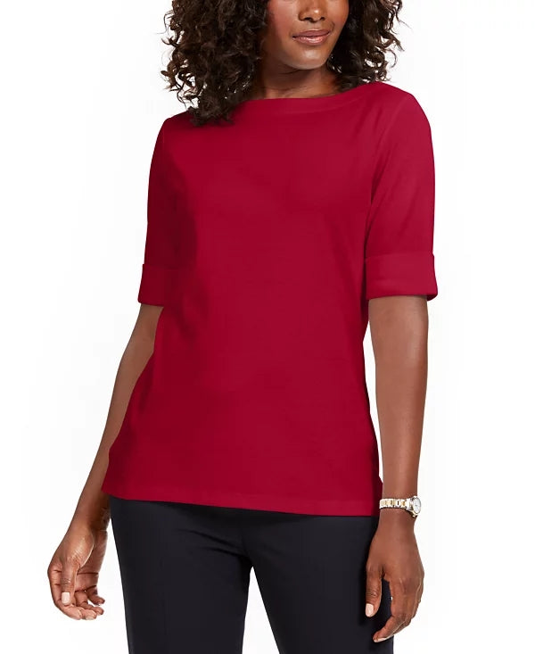 Karen Scott Boat-Neck Elbow-Sleeve Top,