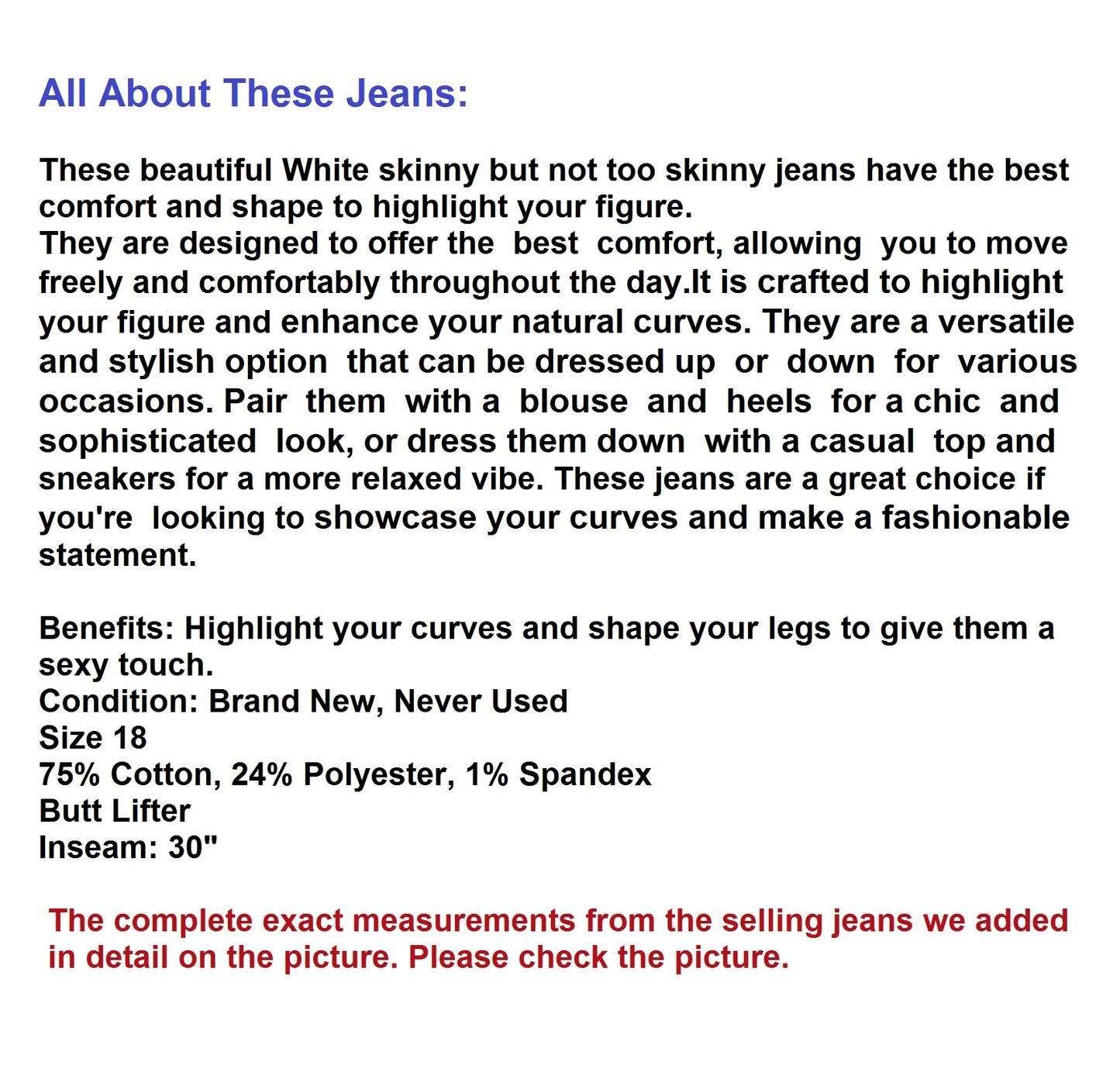 Paris Blues White Butt Lifting Denim Jeans, Size 18
