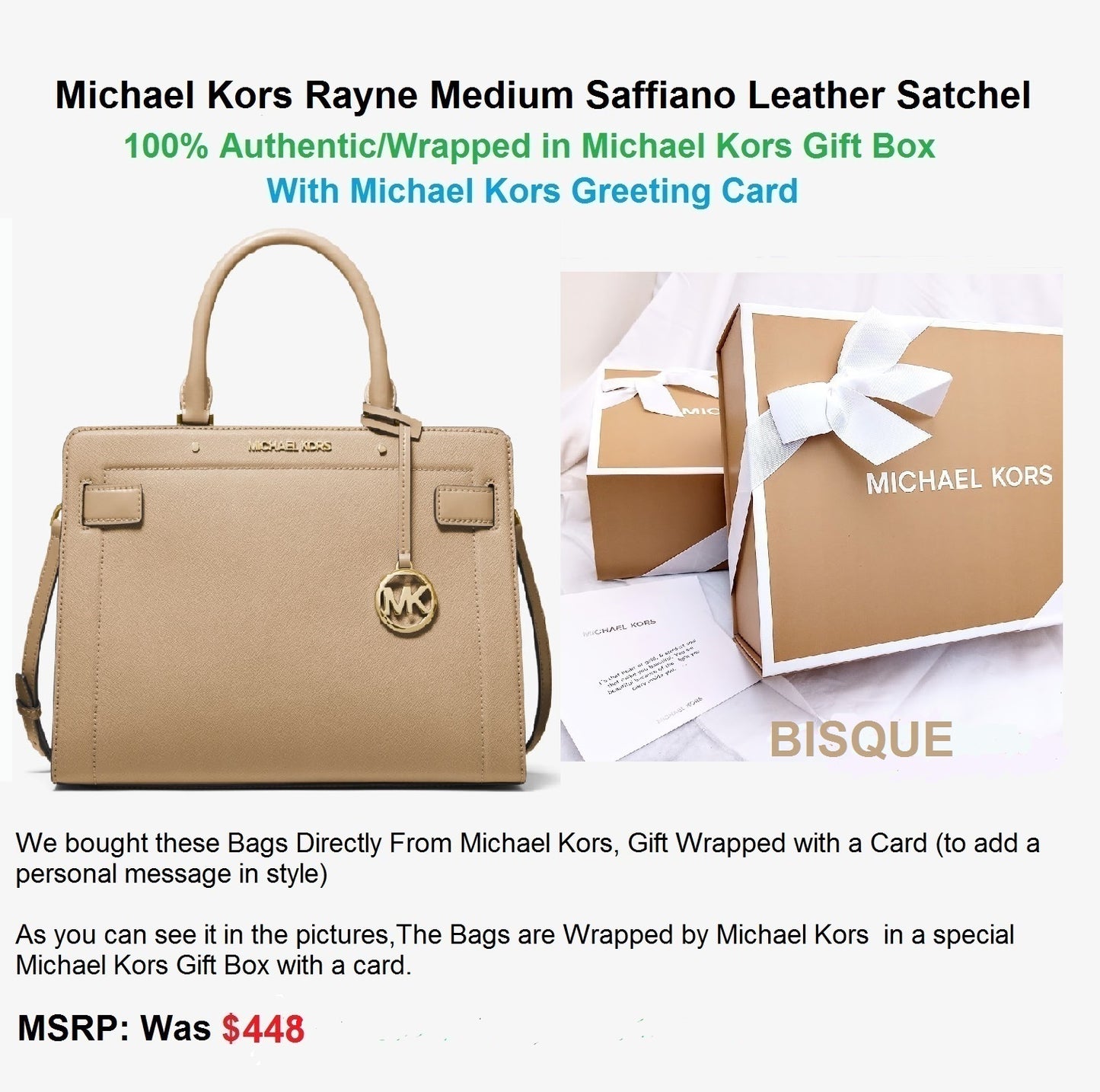 Michael Kors Rayne Medium Satchel Leather Handbag, "In MK Gift Box"