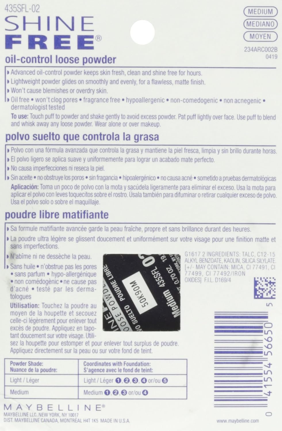 Maybelline New York Shine Free Oil-Control Loose Powder, Medium,