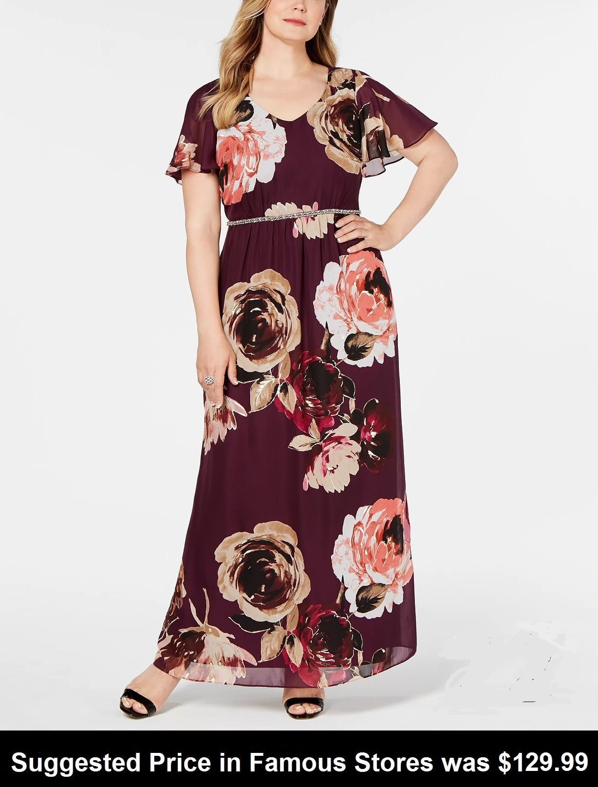 SLNY Fashions Plus Size Embellished Floral-Print Gown, Size 22W