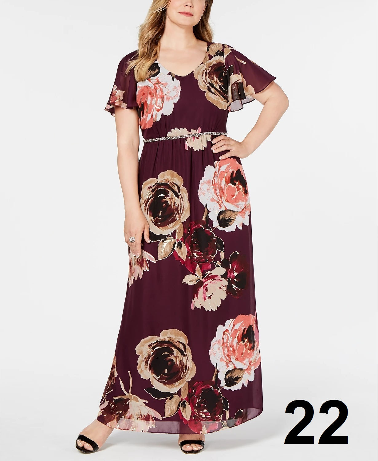 SLNY Fashions Plus Size Embellished Floral-Print Gown, Size 22W