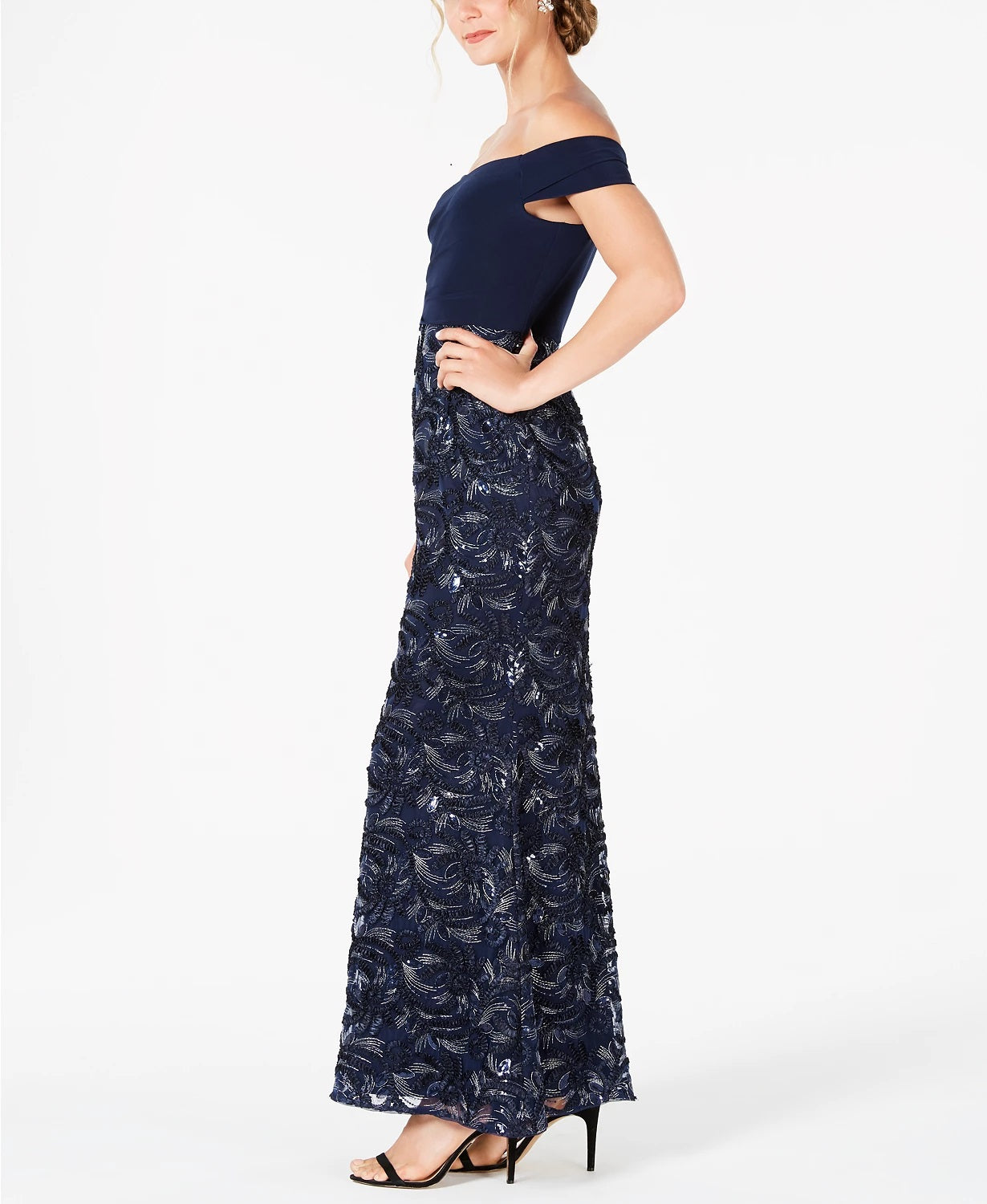Adrianna Papell Soutache Off-The-Shoulder Gown Dress,