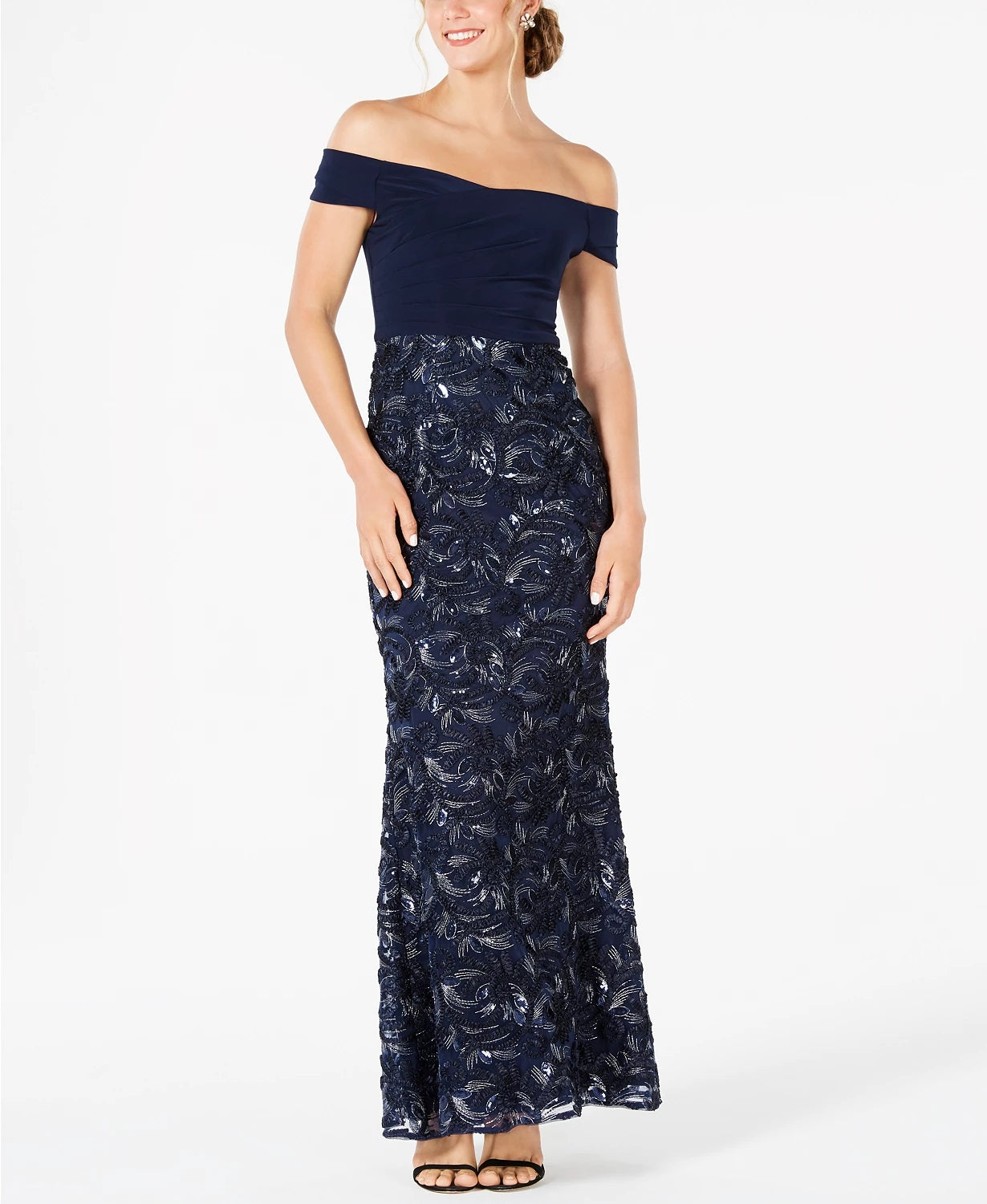 Adrianna Papell Soutache Off-The-Shoulder Gown Dress,