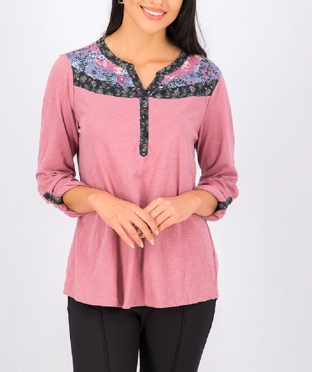 Style & Co Split-Neck Roll-Tab-Sleeve Top, Size Large
