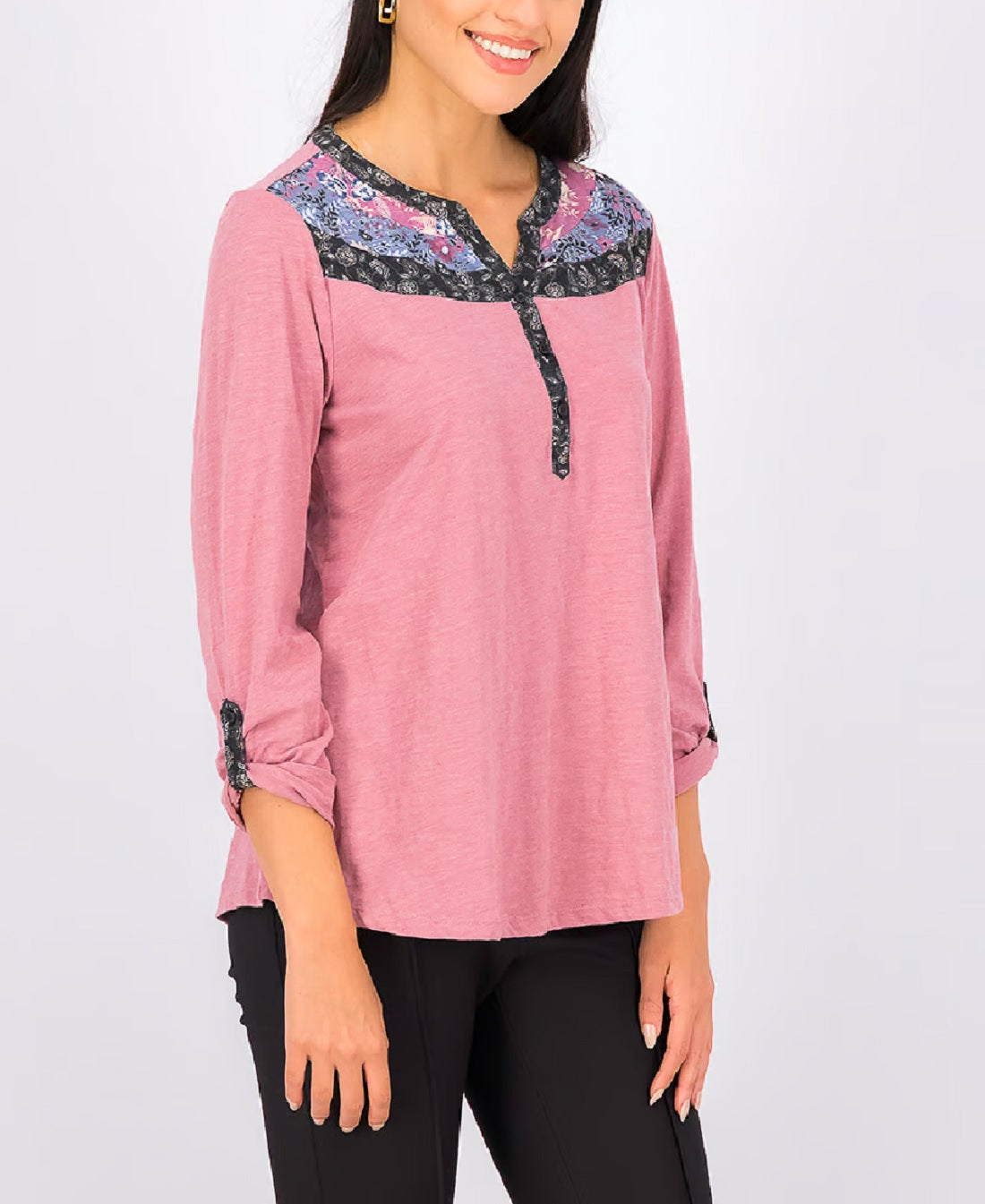 Style & Co Split-Neck Roll-Tab-Sleeve Top, Size Large