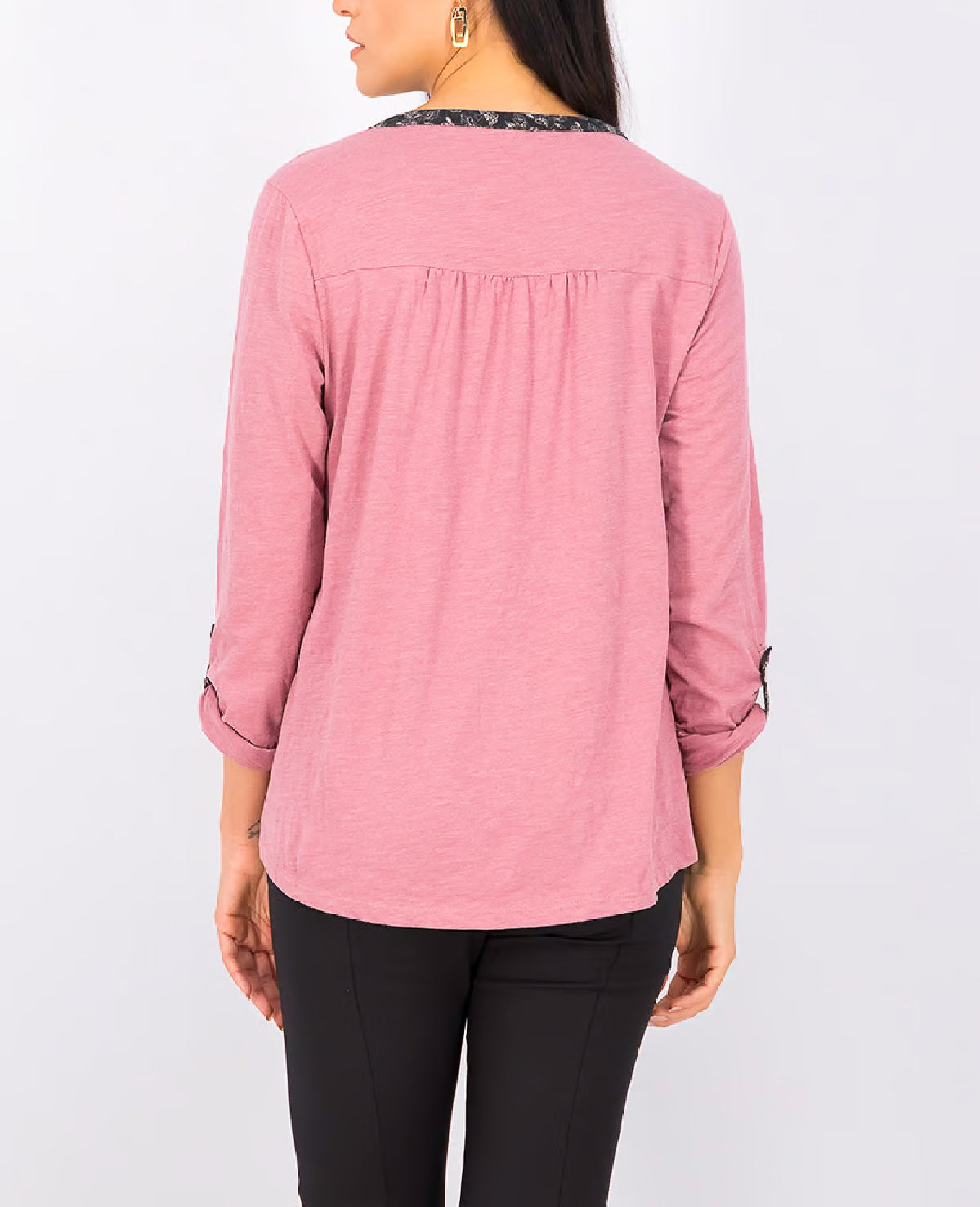 Style & Co Split-Neck Roll-Tab-Sleeve Top, Size Large