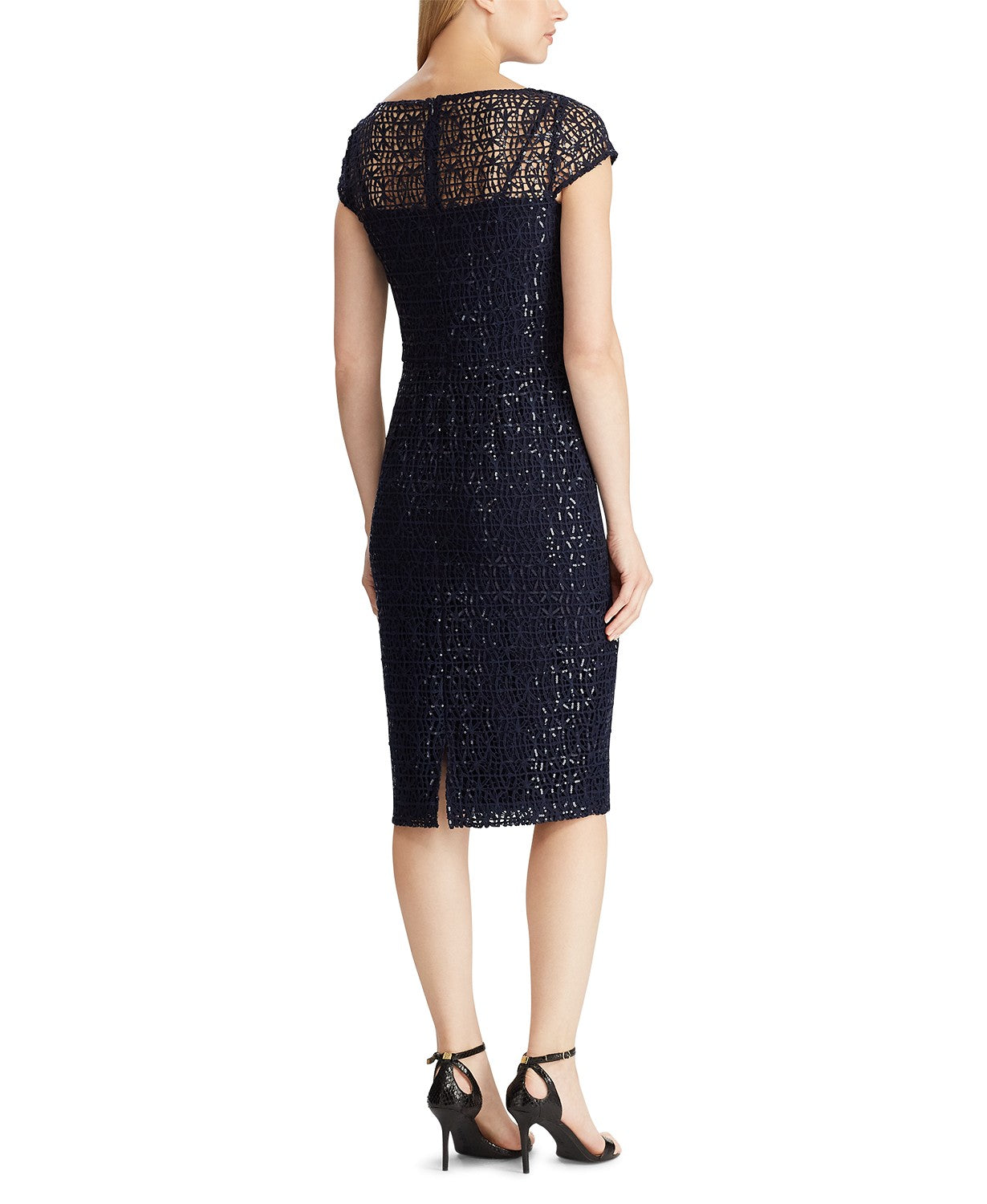 Lauren Ralph Lauren Sequined Lace Cap-Sleeve Dress, Color Navy