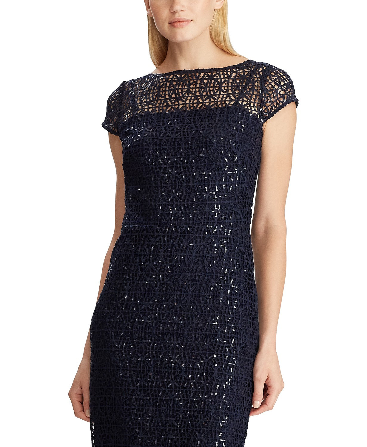 Lauren Ralph Lauren Sequined Lace Cap-Sleeve Dress, Color Navy