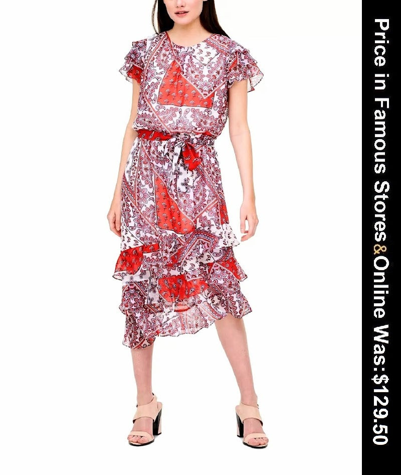 CALVIN KLEIN Paisley-Print Ruffle-Hem Dress, Size M