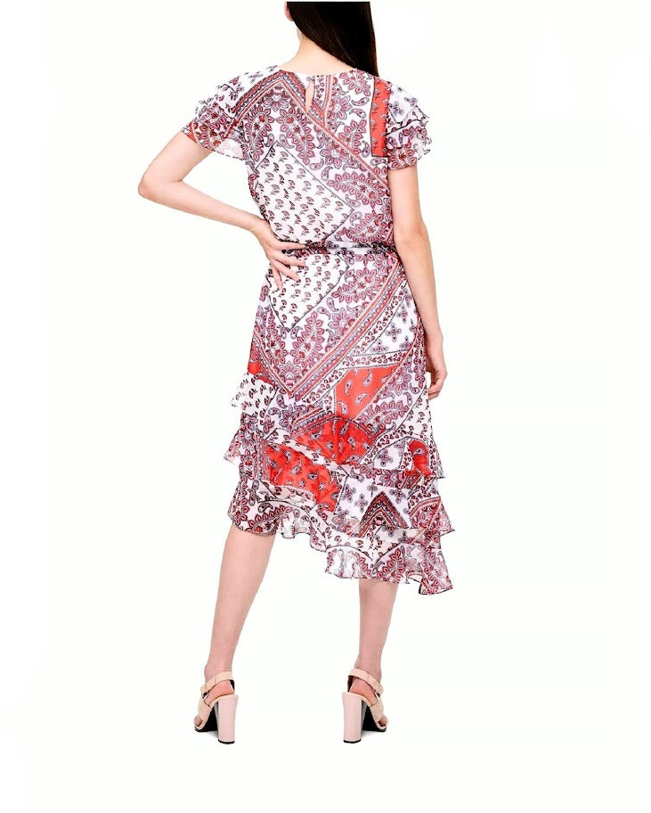 CALVIN KLEIN Paisley-Print Ruffle-Hem Dress, Size M