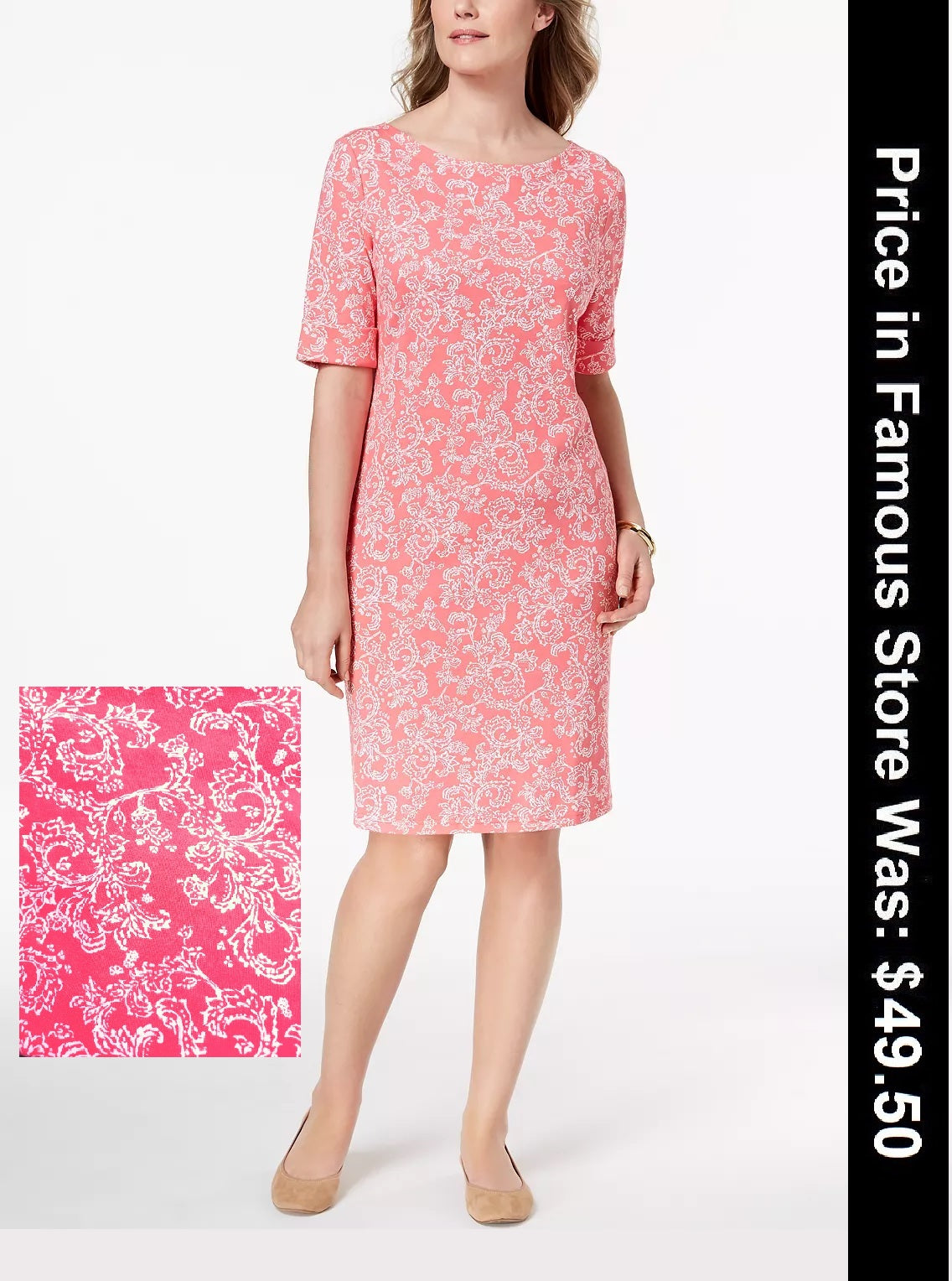 Karen Scott Cotton Blend Petite Floral-Print Elbow-Sleeve Dress, PET/SM