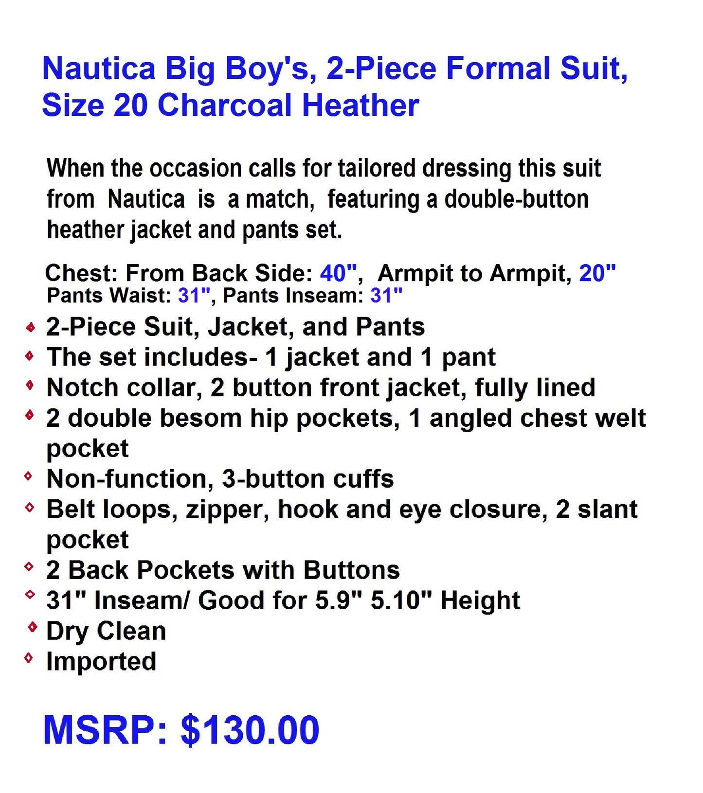 Nautica Big Boys' 2-Piece Formal Suit, Size 20 R Charcoal Heather