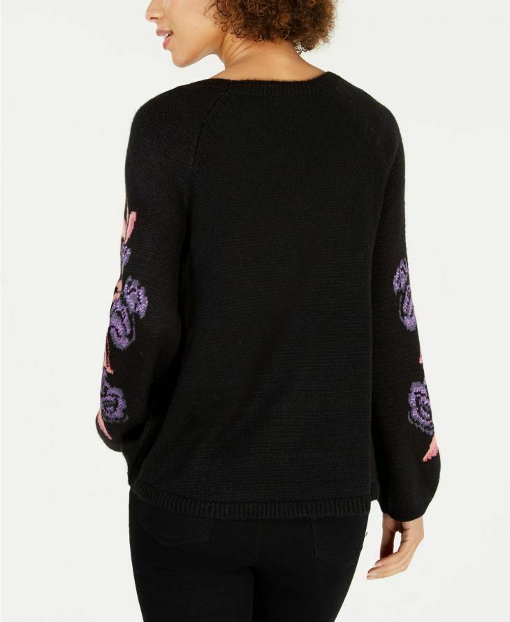 Style & Co. Floral-Print Sweater, Black-Purple Combo, Size Medium