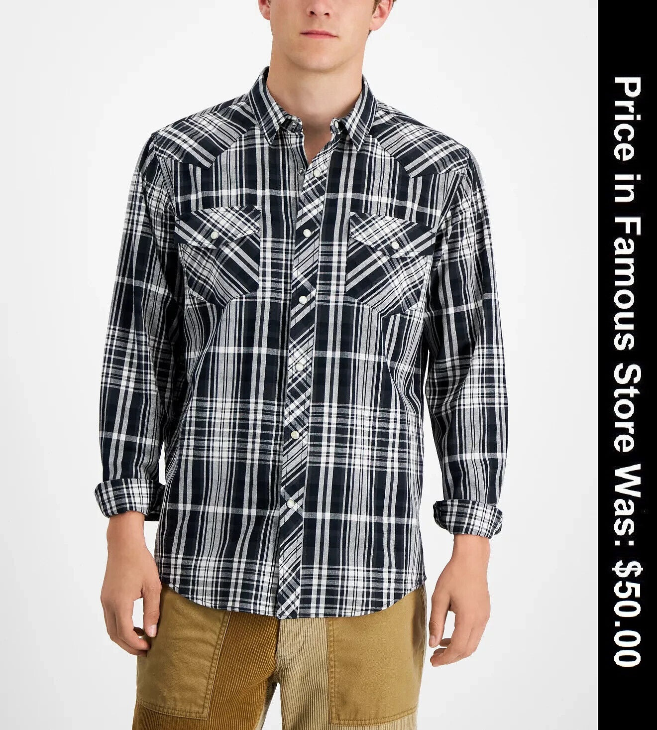 SUN STONE Men's Regular-Fit Plaid Western Cotton Shirt, Size Small