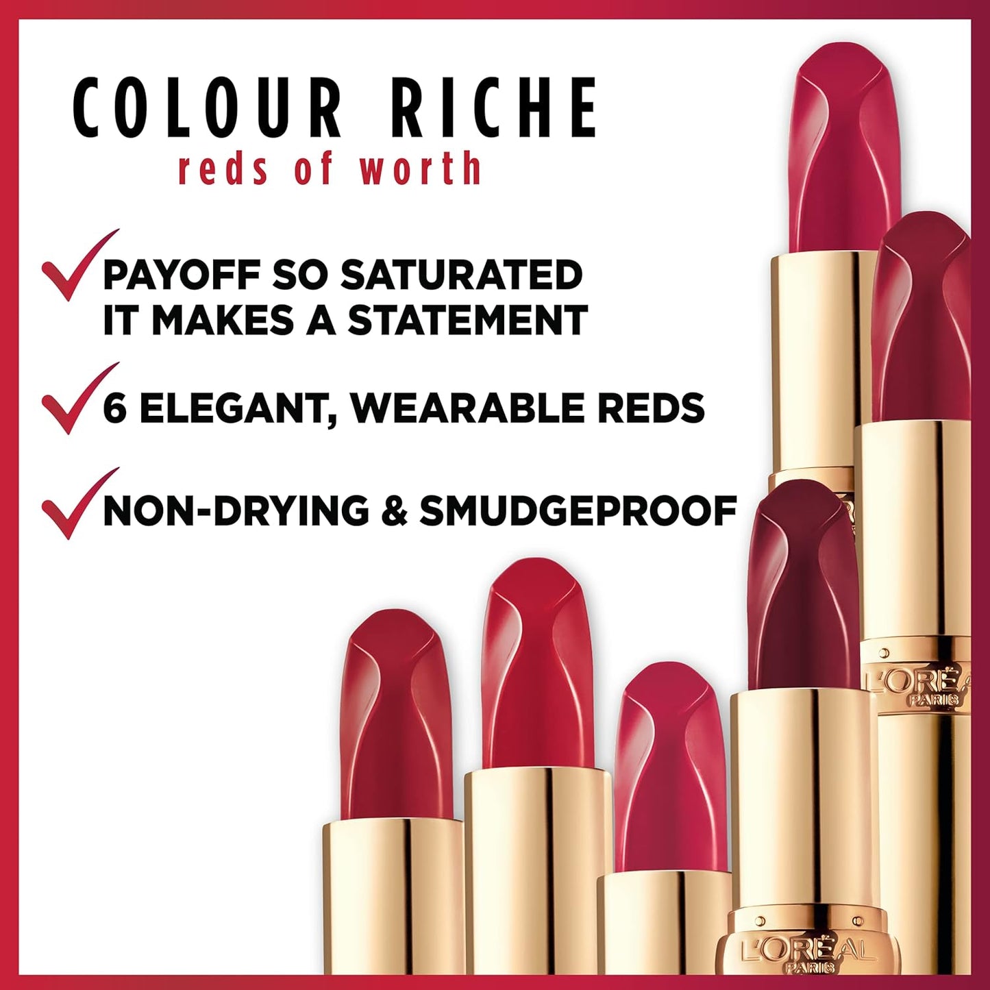 L'Oreal Paris Colour Riche Red Lipstick, Long Lasting, Satin Finish Smudge Proof