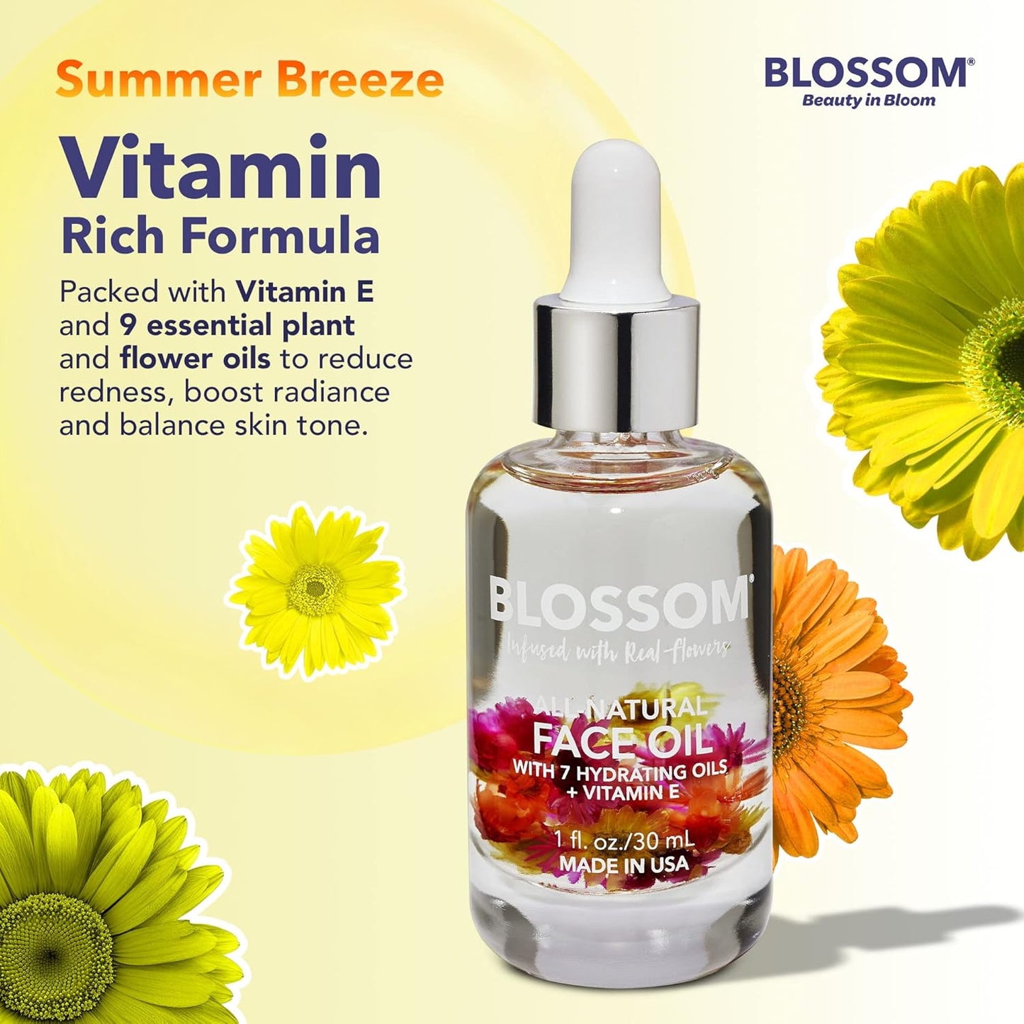 Blossom Unscented All Natural, FACE OIL Vitamin E, with Real Flowers Oil, 0.5oz