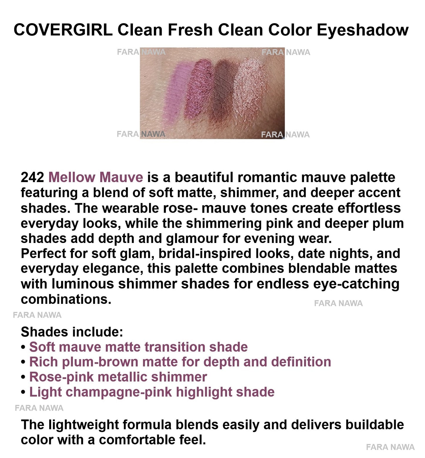 Lot of 2 COVERGIRL Clean Fresh Clean Color Eyeshadow, + Free Applicator 242 Mellow Mauve