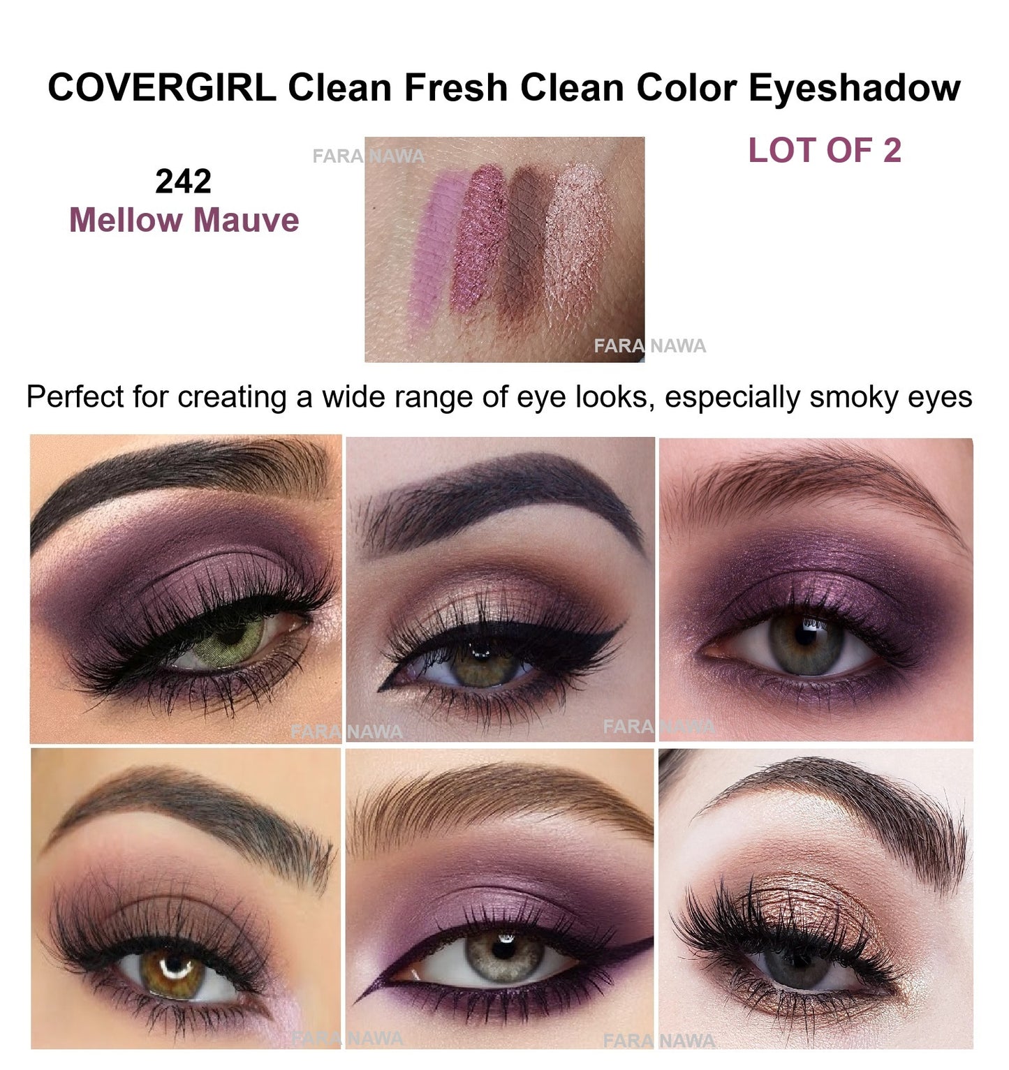 Lot of 2 COVERGIRL Clean Fresh Clean Color Eyeshadow, + Free Applicator 242 Mellow Mauve