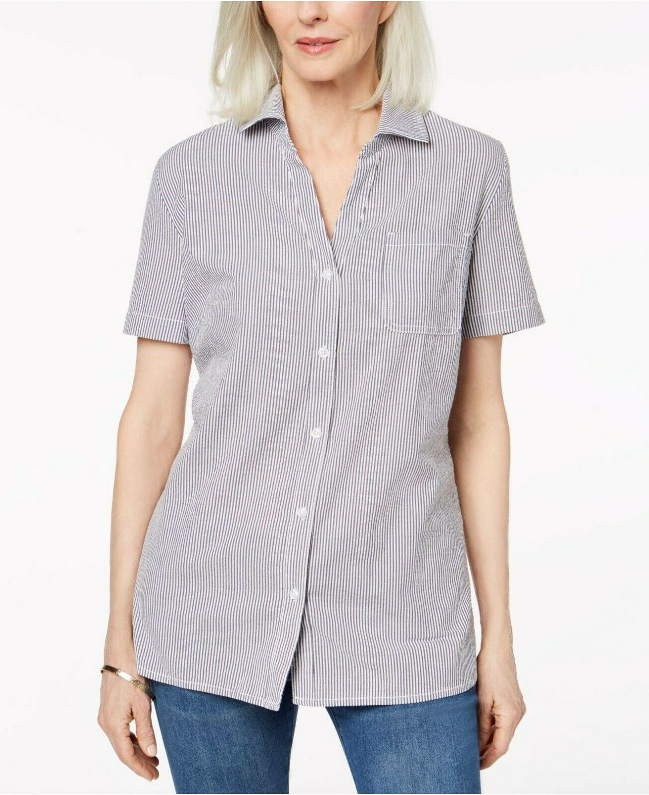 Karen Scott Cotton Short-Sleeve Seersucker Shirt,