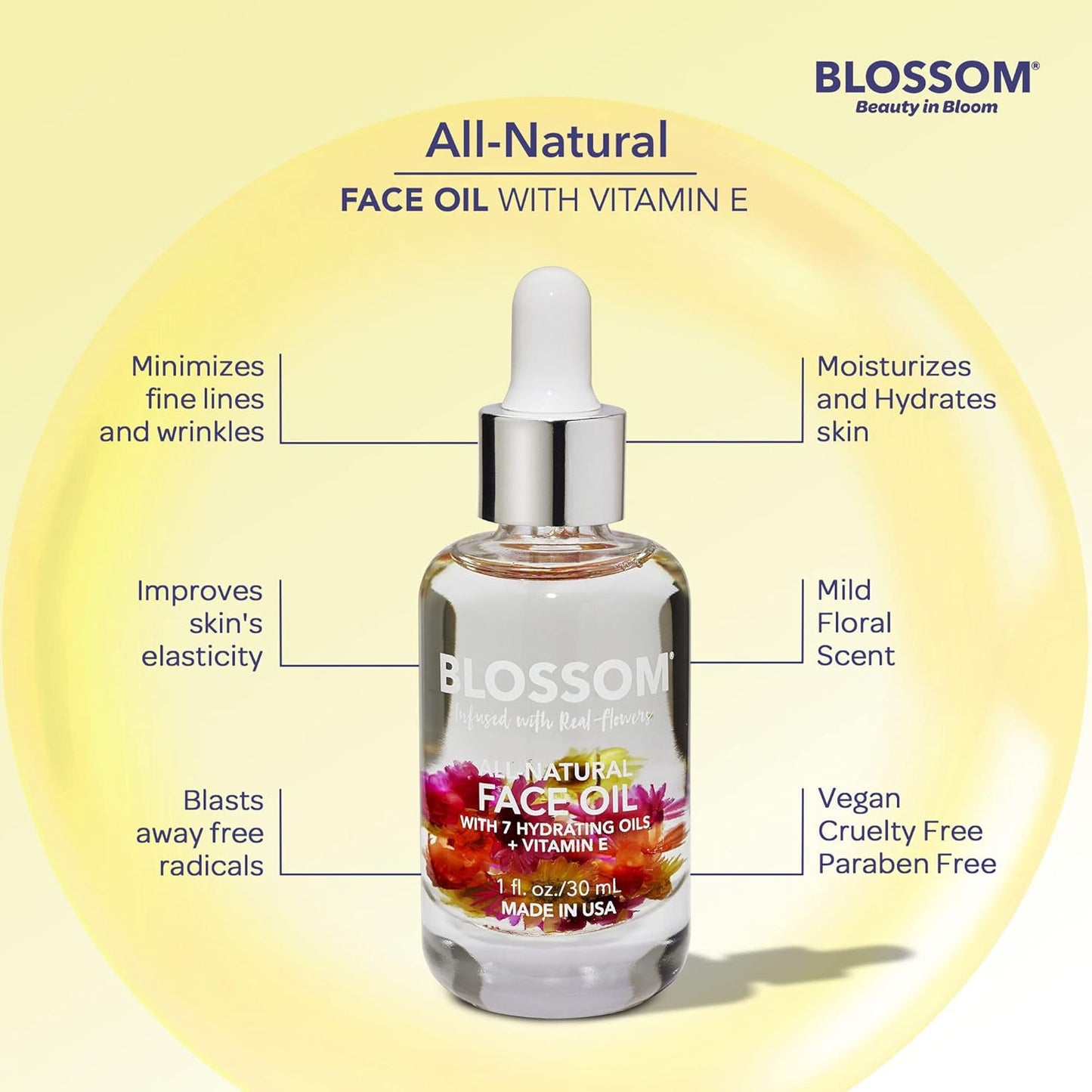 Blossom Unscented All Natural, FACE OIL Vitamin E, with Real Flowers Oil, 0.5oz