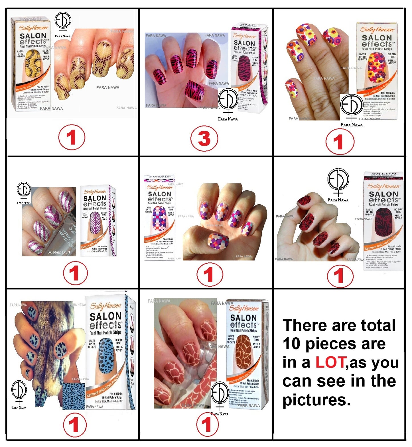 Sally Hansen Salon Effects Real Nail Polish Strips, LOT of 10