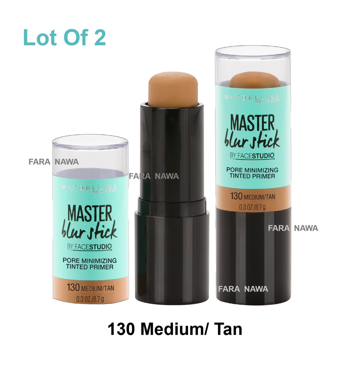 Lot of 2 Maybelline Face studio Master Blur Stick Primer Makeup, 130 MediumTan